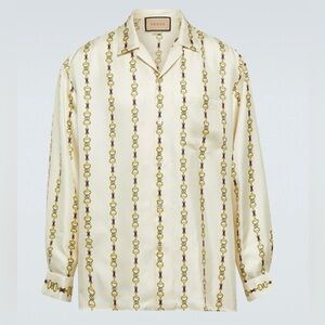 New Authentic Gucci GG Horsebit Logo Silk Button Down Shirt Size IT 44 / US L